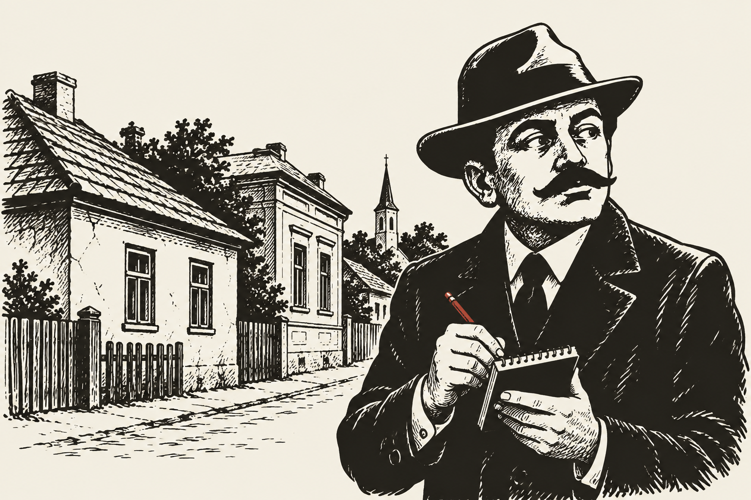 Un Ziarist cu un carnețel și un creion roșu, pe o stradă cu case vechi.