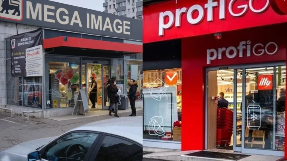 Imagine compusă cu fațadele magazinelor Mega Image și ProfiGO, unde se văd persoane la intrarea în locații și un autoturism în prim-plan.