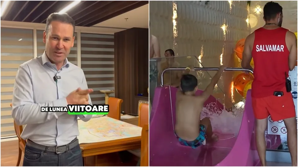 Un bărbat în cămașă deschisă stă lângă o masă, iar în partea dreaptă un salvamar cu tricou roșu privește un copil pe un tobogan roz.