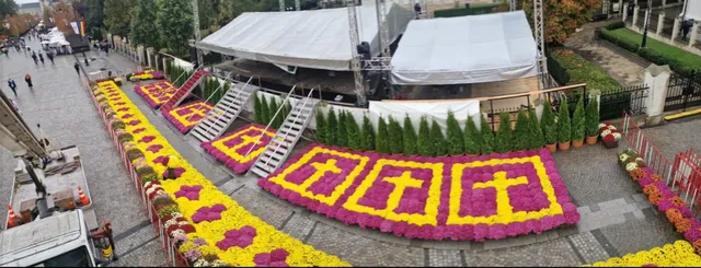 O scenă acoperită cu pretre pe care sunt așezate plante colorate în modele de cruci și linii lungi de flori galbene și mov.