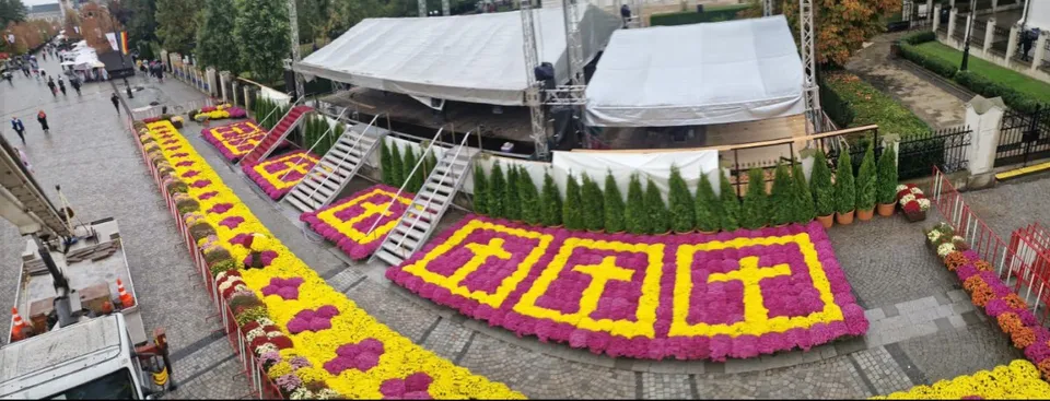 O scenă acoperită cu pretre pe care sunt așezate plante colorate în modele de cruci și linii lungi de flori galbene și mov.