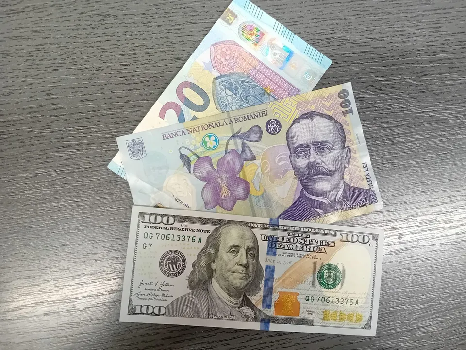 Două bancnote, una cu un bărbat cu mustață și o floare violetă și una cu un bărbat cu păr lung, sunt așezate pe o suprafață gri.