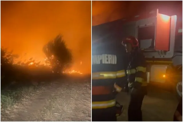 Două cadre arată un cer portocaliu deasupra unor vegetații arse și un pompier lângă un vehicul de serviciu.