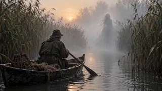 Un bărbat cu pălărie și haine închise stă într-o barcă mică și folosește o pală pentru a vâsli pe un canal înconjurat de trestie și ceață.