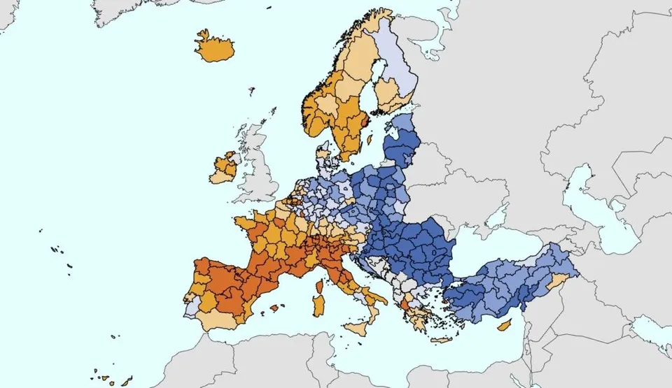 O hartă a Europei colorată în nuanțe de albastru, portocaliu și galben pentru a indica diferite valori statistice pe diverse regiuni.