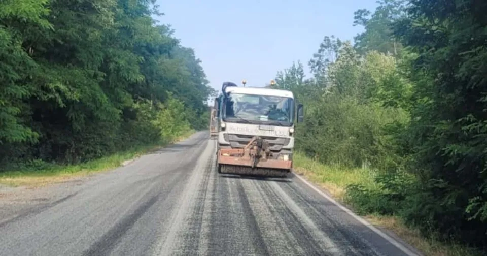 Un camion alb cu echipament de asfaltare circulă pe un drum asfaltat flancat de vegetație verde densă sub un cer senin.