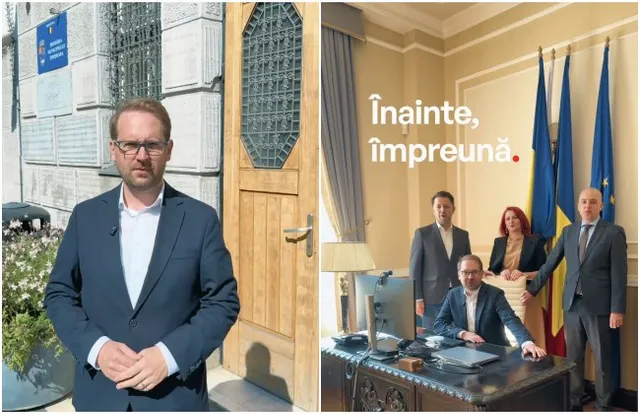 Un bărbat cu ochelari poartă un sacou în fața unei clădiri, iar în partea dreaptă patru persoane sunt poziționate într-o încăpere cu steaguri.