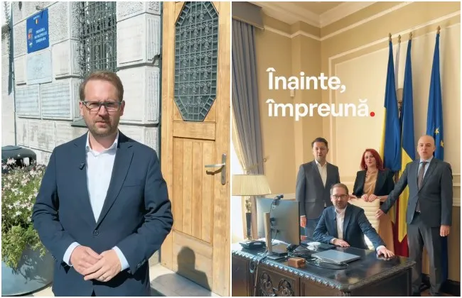 Un bărbat cu ochelari poartă un sacou în fața unei clădiri, iar în partea dreaptă patru persoane sunt poziționate într-o încăpere cu steaguri.