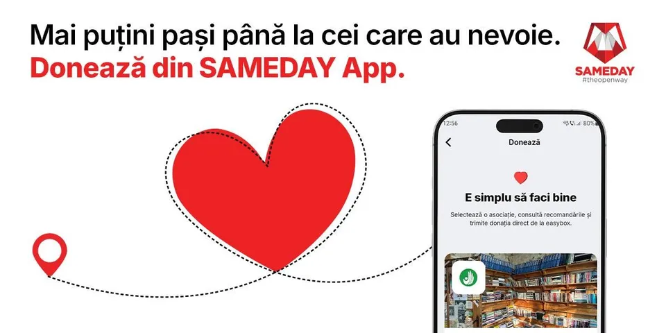 Un simbol de inimă roșie este situat între un text publicitar și un ecran de smartphone care afișează o interfață de aplicație mobilă.