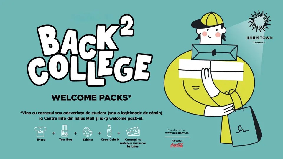 O ilustrație pe fundal turcoaz prezintă un personaj cu o șapă purtând un plic, un pachet și o sacoșă, lângă textul Back 2 College.
