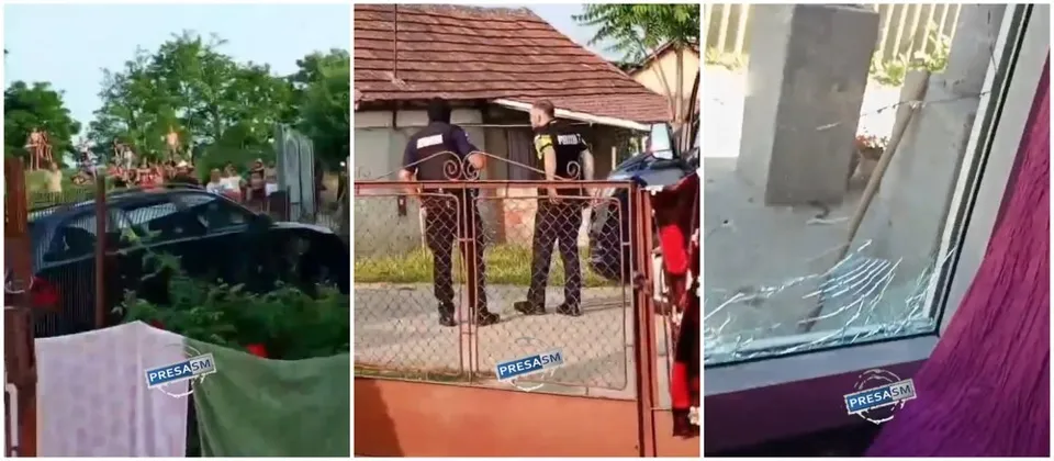 Trei imagini suprapuse arată o mașină parcată lângă un gard, doi bărbați în uniformă neagră lângă o clădire și o fereastră cu geam spart.