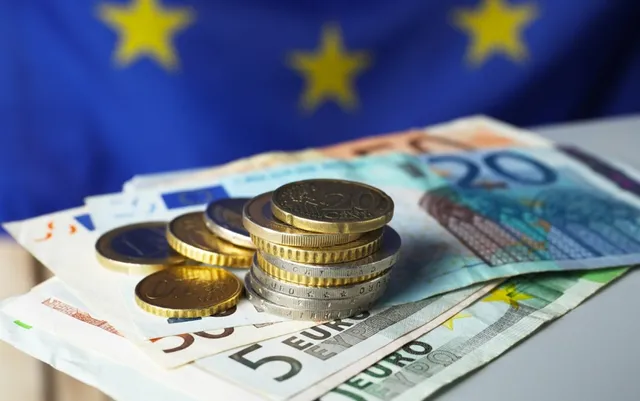 Monede metalice sunt așezate pe bancnote de euro, în fața unui steag albastru cu stele galbene.