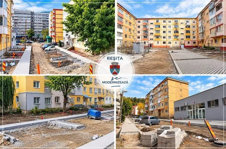 Un colaj de patru fotografii prezintă zone de construcție cu pavaj nou, clădiri de apartamente, mașini parcate și materiale de construcție pe terenuri neamenajate.