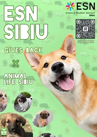 Un poster verde cu textul ESN Sibiu Gives Back și imagini cu câini pe un fundal cu siluete de animale.
