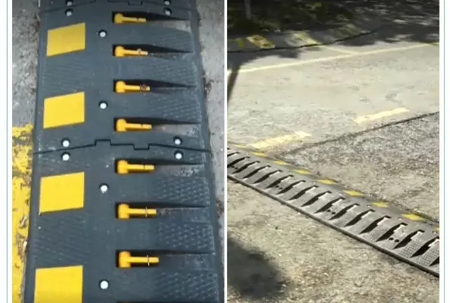 Două imagini prezintă un dispozitiv de asfalt gri cu elemente metalice galbene și dreptunghiuri galbene, instalat pe o suprafață stradală asfaltată.