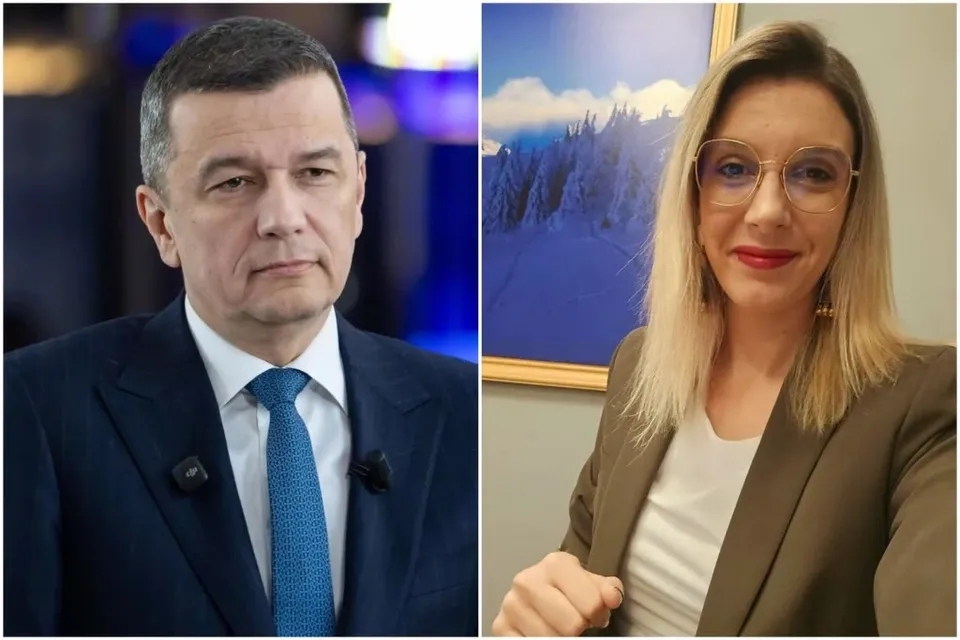 Un bărbat într-un costum albastru și o femeie cu ochelari și sacou maro sunt prezentați în două cadre separate.