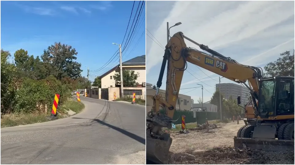 Imagine compusă cu un drum asfaltat lângă vegetație și un excavator galben de tip CAT pe un teren de lucru cu pământ.