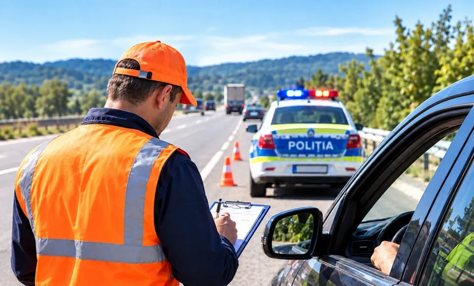 Un bărbat cu vestă reflectorizantă portocalie și șapcă scrie pe o tablă de evidență în timp ce stă lângă o mașină pe un drum asfaltat.