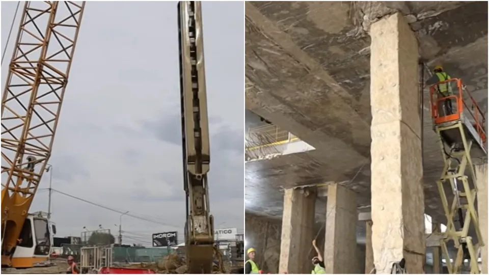 Imagine compusă cu o macara galbenă pe un șantier și un pilon de beton sub un plafon de beton lângă o platformă de lucru ridicată.