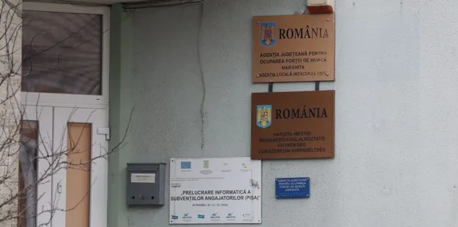 Două plăcuțe maro cu inscripții sunt montate pe un perete alb lângă o ușă de culoare albă.