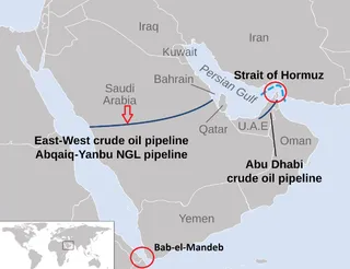 Harta politică a Orientului Mijlociu indică locația Strâmtorii Hormuz, a conductei de petrol Est-Vest și a strâmtorii Bab-el-Mandeb.