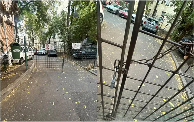 Două imagini arată o poartă metalică închisă cu un lacăt, deschizând spre o curte asfaltată unde sunt parcate mai multe mașini.