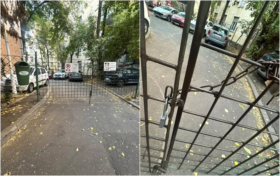 Două imagini arată o poartă metalică închisă cu un lacăt, deschizând spre o curte asfaltată unde sunt parcate mai multe mașini.