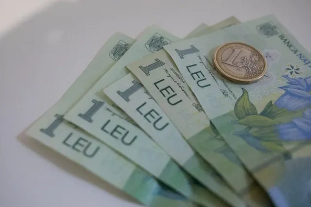 Mai multe bancnote de un leu românesc sunt întinse pe o suprafață albă lângă o monedă de un euro.