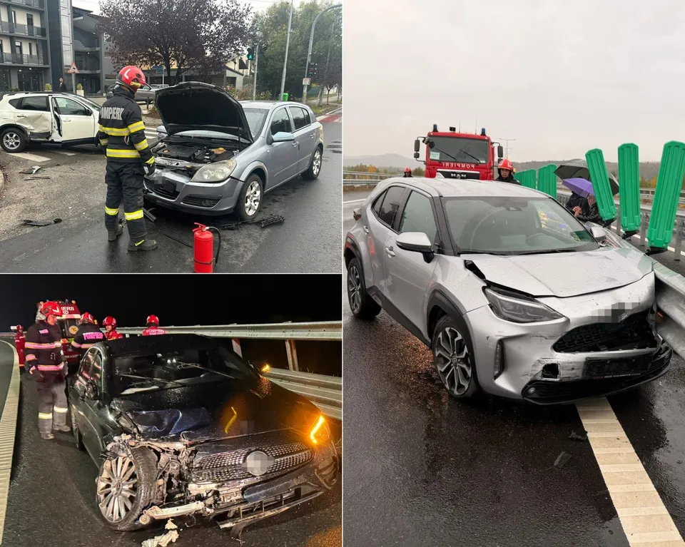 Un colaj de trei fotografii prezintă mai multe mașini accidentate pe drumuri, unele cu capota deschisă și alte cu daune la partea frontală.