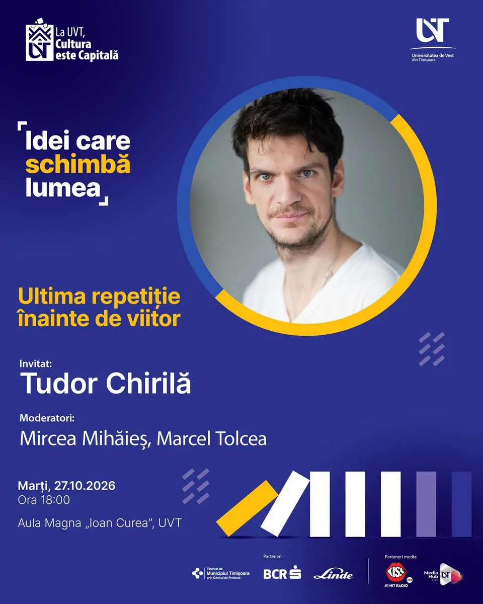 Un poster albastru prezintă portretul unui bărbat cu părul închis la culoare într-un cerc, alături de text text colorat și diverse logouri.