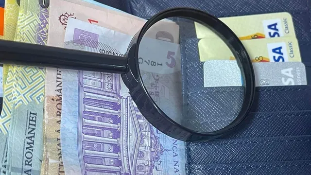 O lupă neagră este așezată peste mai multe bancnote de lei românești întinse pe o suprafață textilă albastră.