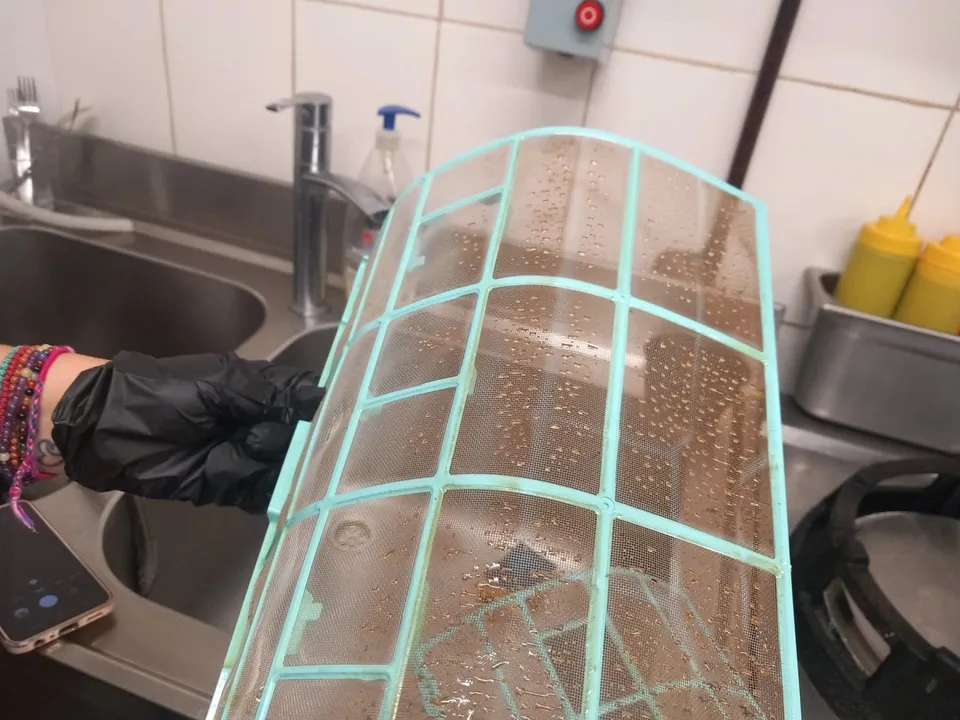 O mână cu mănușă neagră ține un recipient de plastic transparent cu o structură de rețea verde lângă o chiuvetă metalică.