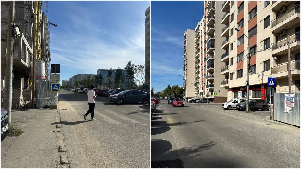 Două fotografii prezintă o stradă asfaltată cu clădiri înalte, mașini parcate și un pieton care traversează drumul lângă un semn de trecere de pietoni.