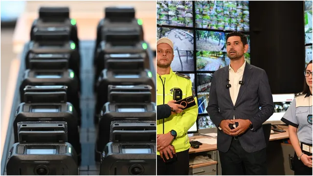 Rânduri de dispozitive electronice negre sunt așezate pe o suprafață, în timp ce trei persoane stau în fața unor monitoare cu imagini video.