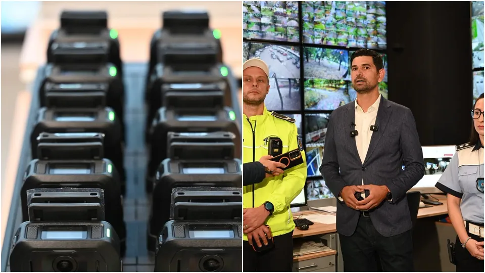 Rânduri de dispozitive electronice negre sunt așezate pe o suprafață, în timp ce trei persoane stau în fața unor monitoare cu imagini video.