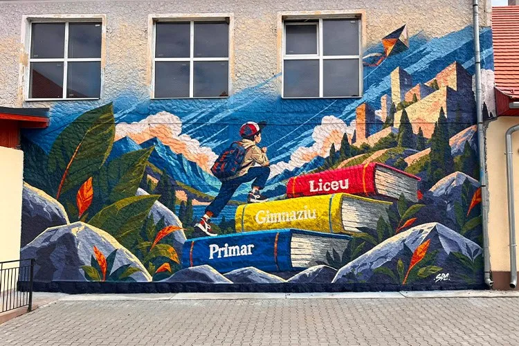 Un mural colorat pe un perete de clădire prezintă cărți mari, munți, vegetație și o figură umană cu rucsac în fața unui peisaj montan.