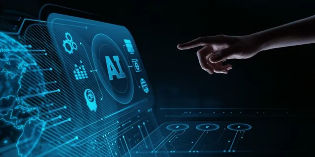 O mână întinsă spre un ecran digital care afișează simbolul AI, grafice, diagrame și o reprezentare a globului terestru pe un fundal întunecat.