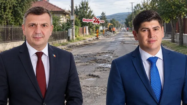 Doi bărbați în costume și cravate stau în prim-plan pe o stradă cu asfalt deteriorat și gropi, având copaci și clădiri în fundal.