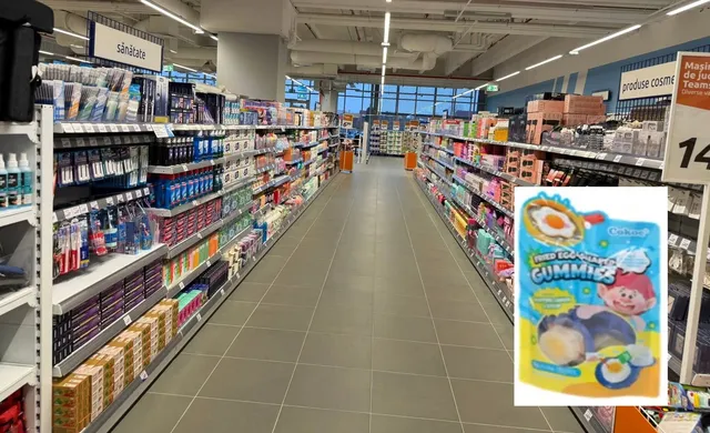 Un culoar de magazin cu rafturi pline de produse de îngrijire și cosmetice, cu un afiș al unor jeleuri în formă de ou suprapus.