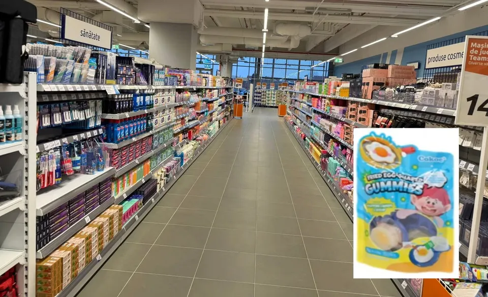 Un culoar de magazin cu rafturi pline de produse de îngrijire și cosmetice, cu un afiș al unor jeleuri în formă de ou suprapus.