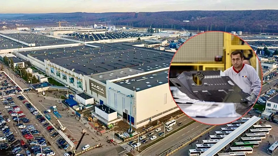 O vedere aeriană a unei fabrici mari cu clădiri industriale și parcări auto, suprapusă cu un cerc ce înfățișează un bărbat în haine de lucru.