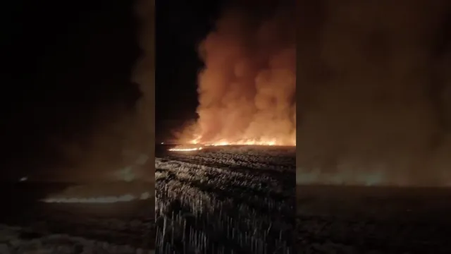 Flăcări și fum dens se ridică de la un câmp de vegetație uscată sub un cer nocturn întunecat.
