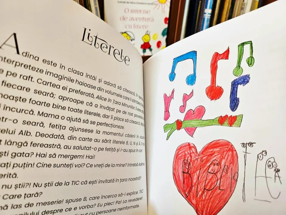 O carte deschisă prezintă text imprimat pe pagina din stânga și desene colorate cu note muzicale și un inimă pe pagina din dreapta.