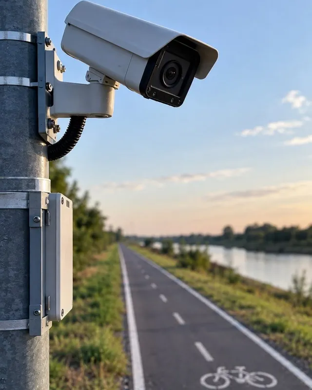 O cameră de supraveghere albă este montată pe un stâlp metalic lângă o pistă de biciclete asfaltată cu un simbol de bicicletă pictat pe ea.