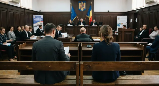 Oamenii stau la mese de lemn într-o sală de judecată, în fața unei mese înalte unde trei persoane sunt așezate sub steaguri.