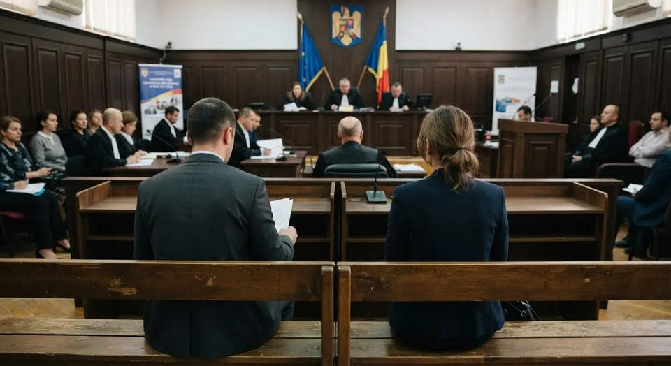 Oamenii stau la mese de lemn într-o sală de judecată, în fața unei mese înalte unde trei persoane sunt așezate sub steaguri.