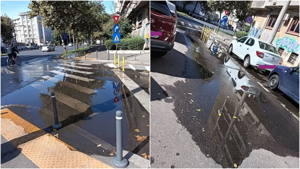 Două fotografii prezintă o stradă cu un zebru parțial acoperit de apă și o băltoacă pe trotuar lângă mașini parcate.