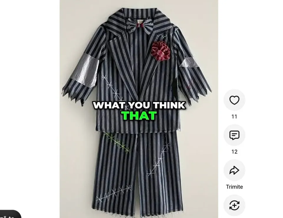Un costum de copii format dintr-o jachetă și pantaloni cu dungi verticale gri și negre, având un papion și o floare decorativă.