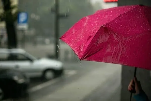O umbrelă roz deschisă, acoperită cu picături de apă, este ținută pe fundalul unei străzi umbrite și cu vreme rea.