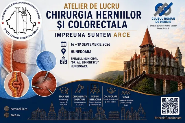 Afișul evenimentului "Atelier de lucru Chirurgia Herniilor și Colorectală" prezintă detalii despre locație, dată și organizatori, cu imagini ilustrative medicale și o fotografie a Castelului Corvinilor.